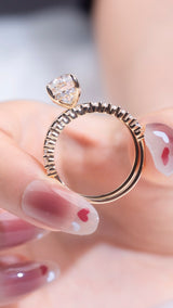 Oval Set: Valorie - Oval hidden halo on plain band Moissanite engagement ring with Ollie Oval half eternity wedding band set