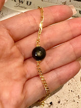 Black Obsidian (Gold Sheen) Half Cuban Half Paperclip Chain Bracelet