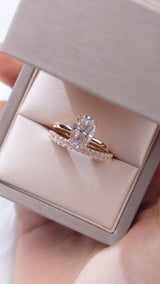 Oval Set: Valorie - Oval hidden halo on plain band Moissanite engagement ring with Ollie Oval half eternity wedding band set