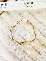 Rose Quartz Half Cuban Half Paperclip Chain Bracelet
