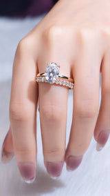 Oval Set: Valorie - Oval hidden halo on plain band Moissanite engagement ring with Ollie Oval half eternity wedding band set