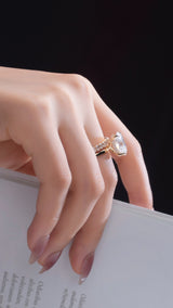 Oval Set: Valorie - Oval hidden halo on plain band Moissanite engagement ring with Ollie Oval half eternity wedding band set