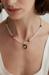 Pearl and Black Onyx Necklace with Black Drip Glaze Pendant