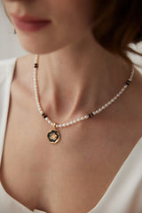 Pearl and Black Onyx Necklace with Black Drip Glaze Pendant