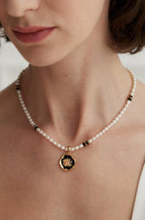 Pearl and Black Onyx Necklace with Black Drip Glaze Pendant