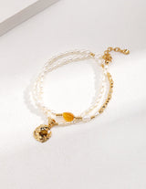 Pearl Necklace with Carnelian and Tiger's Eye Pendant