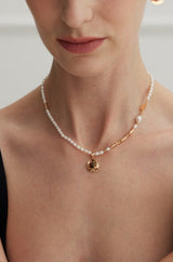 Pearl Necklace with Carnelian and Tiger's Eye Pendant