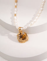 Pearl Necklace with Carnelian and Tiger's Eye Pendant