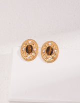 Tiger's Eye Stud Earrings with Mini Pearl