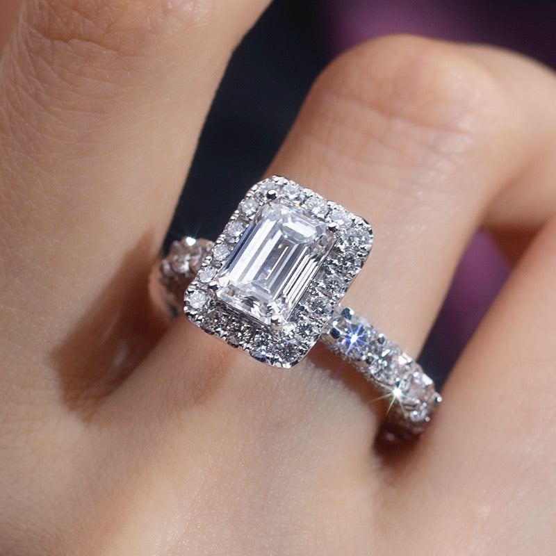 Emerald cut with halo on accent eternity band Moissanite Engagement Ring