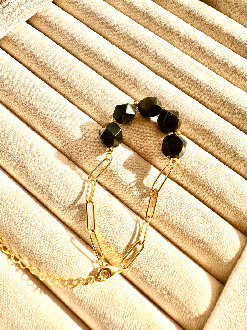 Black Obsidian (Gold Sheen) 5 Stone Paperclip Chain Bracelet
