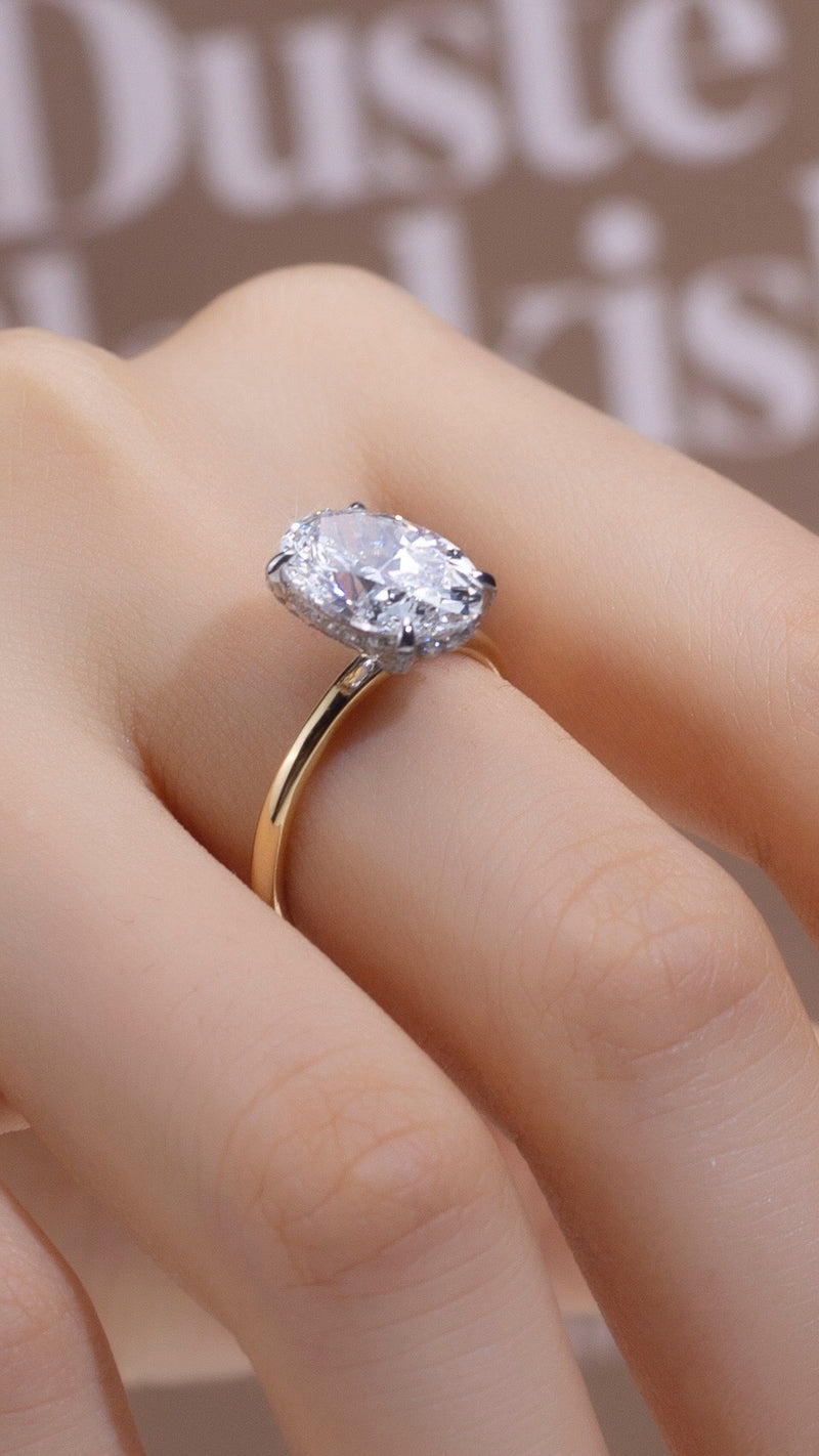 Oval Hidden Basket on Plain Band Two Tone Moissanite Engagement Ring