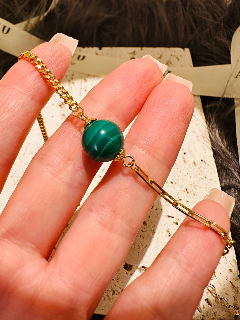 Malachite Half Cuban Half Paperclip Chain Bracelet