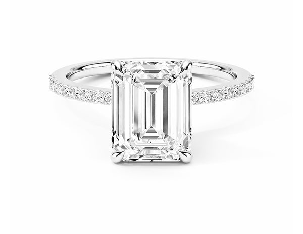 Emerald Cut Open Hidden Halo on Pave band Moissanite Engagement Ring