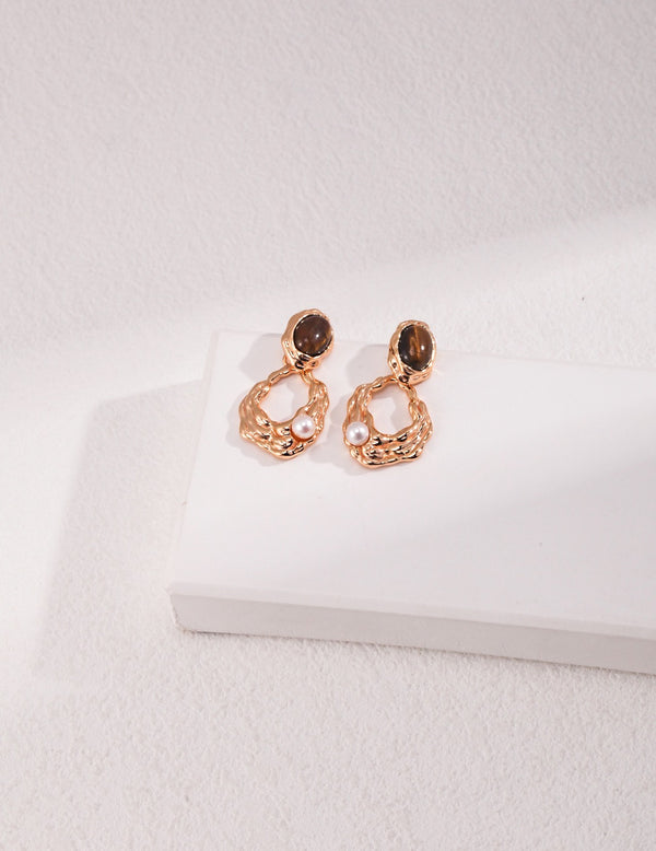 Tiger's Eye Dangle Drop Earrings with Mini Pearl
