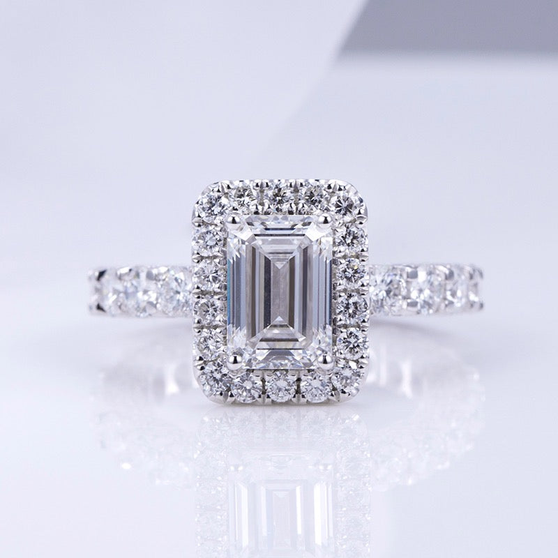 Emerald cut with halo on accent eternity band Moissanite Engagement Ring