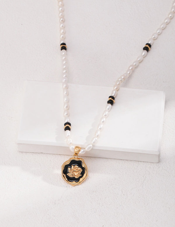 Pearl and Black Onyx Necklace with Black Drip Glaze Pendant