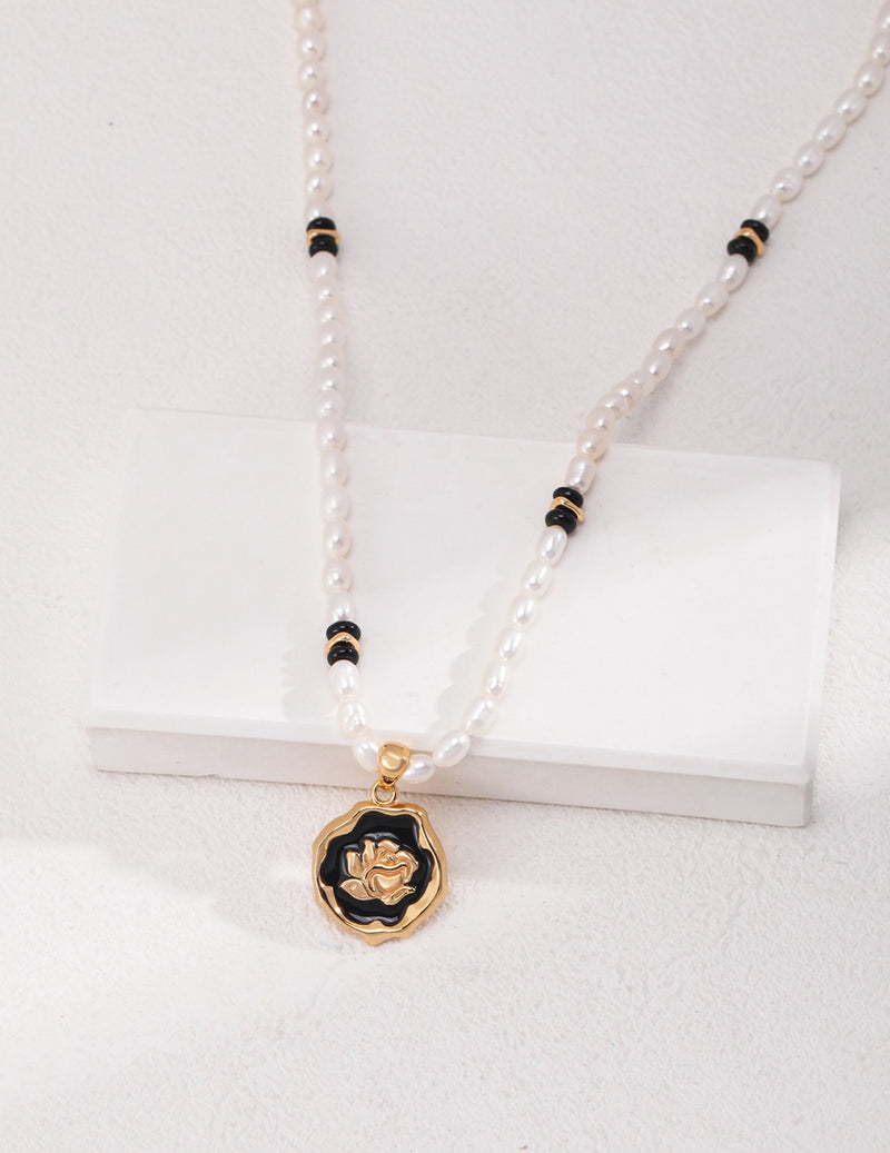 Pearl and Black Onyx Necklace with Black Drip Glaze Pendant