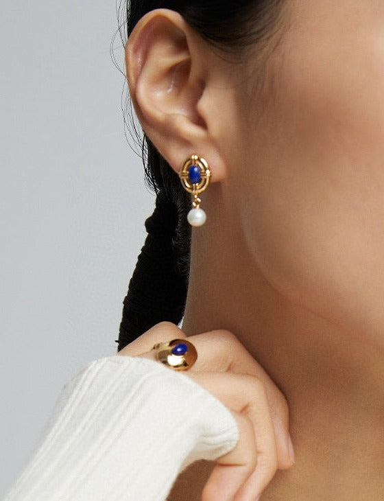 Lapis Lazuli Drop Earrings with Pearl