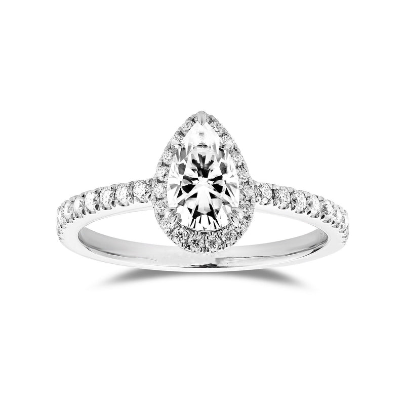 Custom 1.5ct Pear Halo on Pave Band Moissanite Engagement Ring