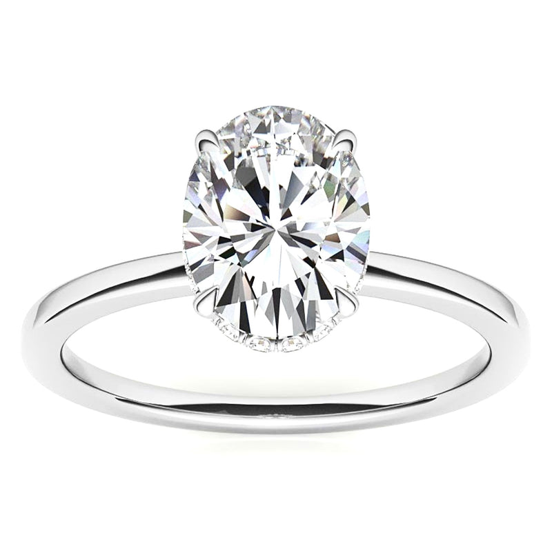 Oval Hidden Basket on Plain Band Two Tone Moissanite Engagement Ring