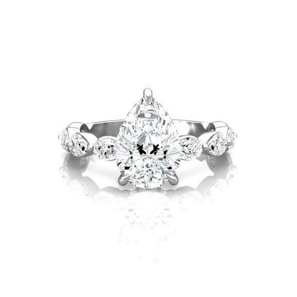 Pear Petal Prongs on Pear Side Stone Band Moissanite Engagement Ring