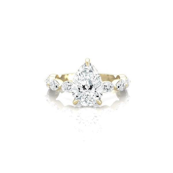 Pear Petal Prongs on Pear Side Stone Band Moissanite Engagement Ring