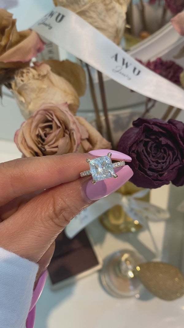Princess Cut Hidden Halo Pave Band Moissanite Engagement Ring