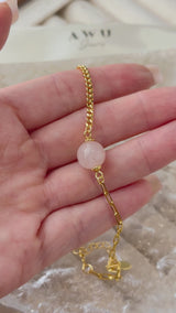Rose Quartz Half Cuban Half Paperclip Chain Bracelet