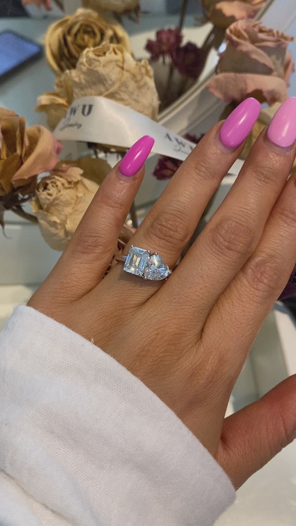 Emerald and Heart Toi et Moi Moissanite Engagement Ring