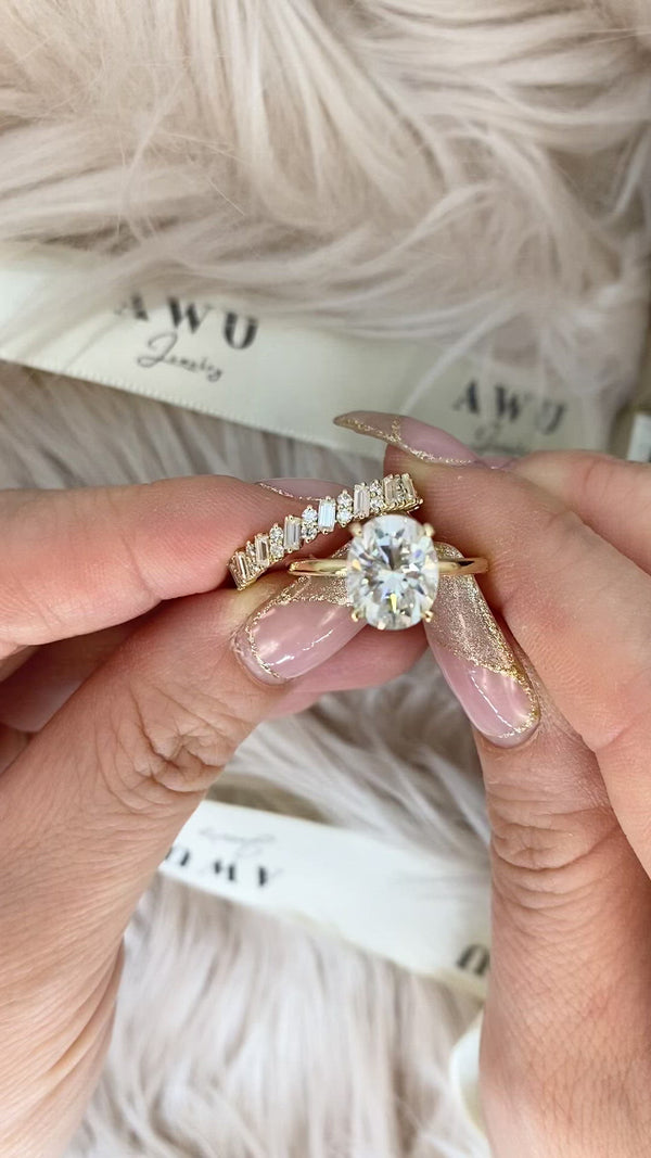 Oval Set: Valorie Oval Hidden Halo on Plain band Moissanite Engagement Ring with Chloe Eternity Wedding Band Set