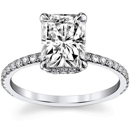 Radiant cut with Hidden Halo on Pave Band Moissanite Engagement Ring