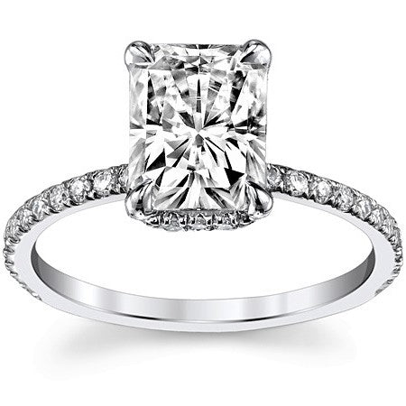Radiant cut with Hidden Collar Halo on Pave Band Moissanite Engagement Ring