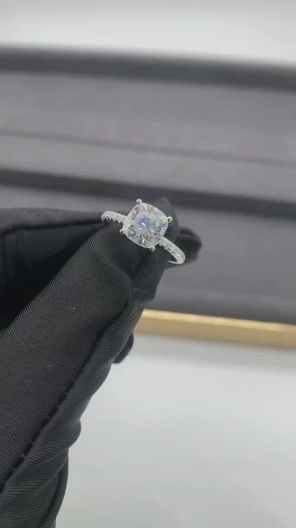 Cushion Hidden Halo Pave Band Moissanite Engagement Ring