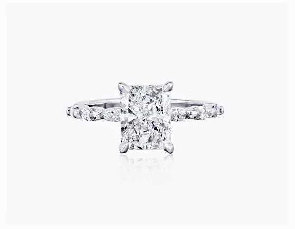 Radiant Cut Hidden Halo with Marquise Side Stone Band Moissanite Engagement Ring