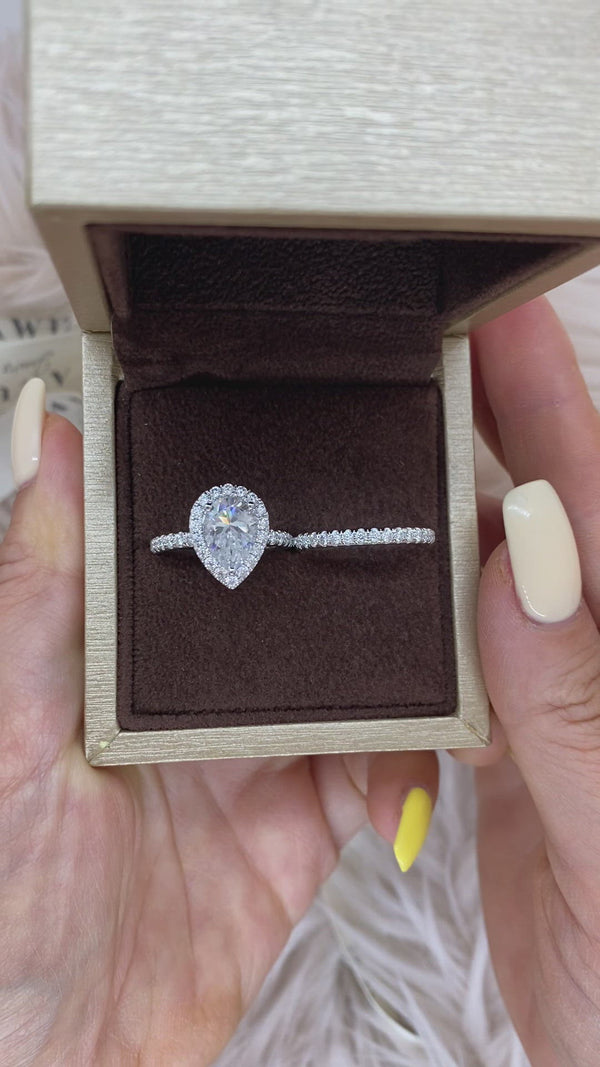 Pear Halo on Pave Band Moissanite Engagement Ring and Matching Pave Band Set