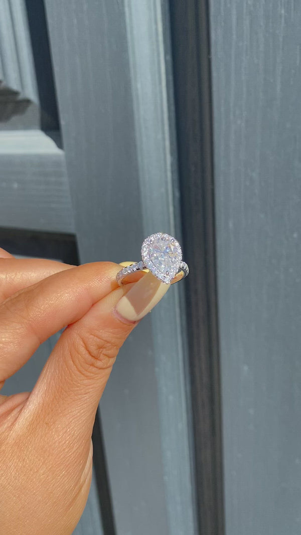 Pear Halo on Pave Band Moissanite Engagement Ring
