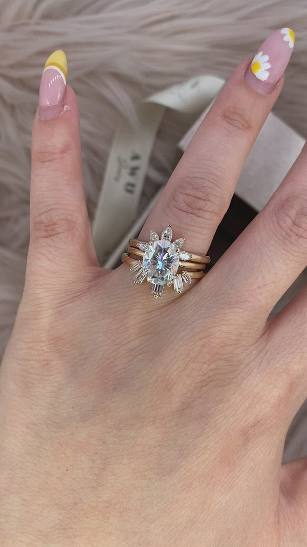 Oval Sunflower set: Valorie Oval hidden halo moissanite engagement ring with 2 tiara guard band set