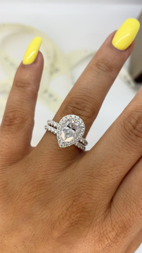 Pear Halo on Pave Band Moissanite Engagement Ring and Matching Pave Band Set
