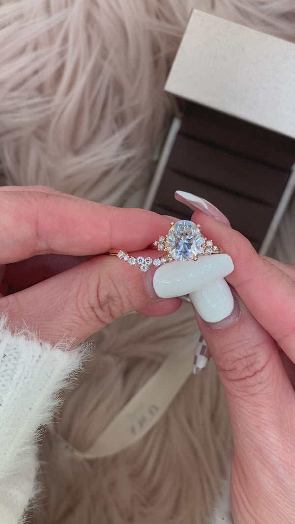 Lilian Oval Petal Prongs Cluster Side Stone Moissanite Engagement Ring with Aurora tiara guard band set