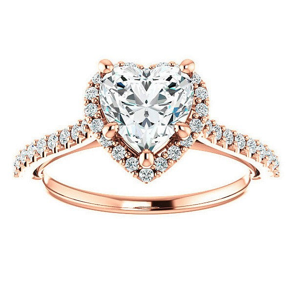 Sale - 3ct Heart Halo on 18k Rose Gold Pave Band Moissanite Engagement Ring