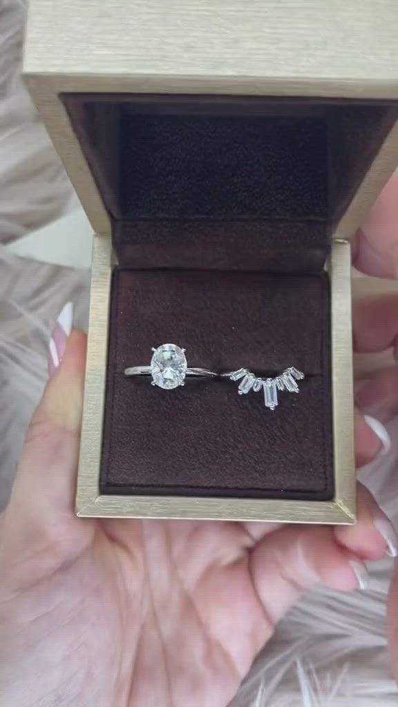 Oval hidden halo Moissanite engagement ring with Tessa Trapezoid guard wedding band set
