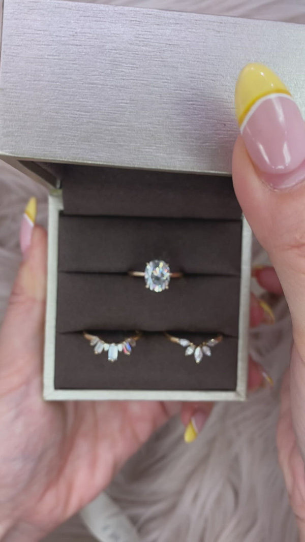 Oval Sunflower set: Valorie Oval hidden halo moissanite engagement ring with 2 tiara guard band set