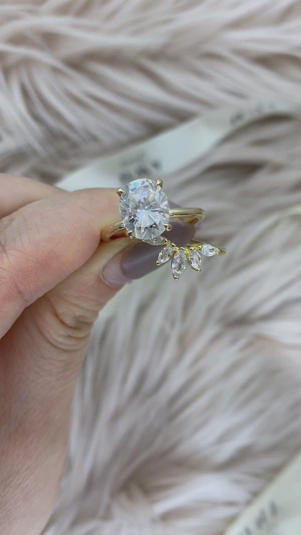 Oval Set: Valorie Oval Hidden Halo on Plain Band Moissanite Engagement Ring with Luna Tiara Guard Moissanite Wedding Band Set