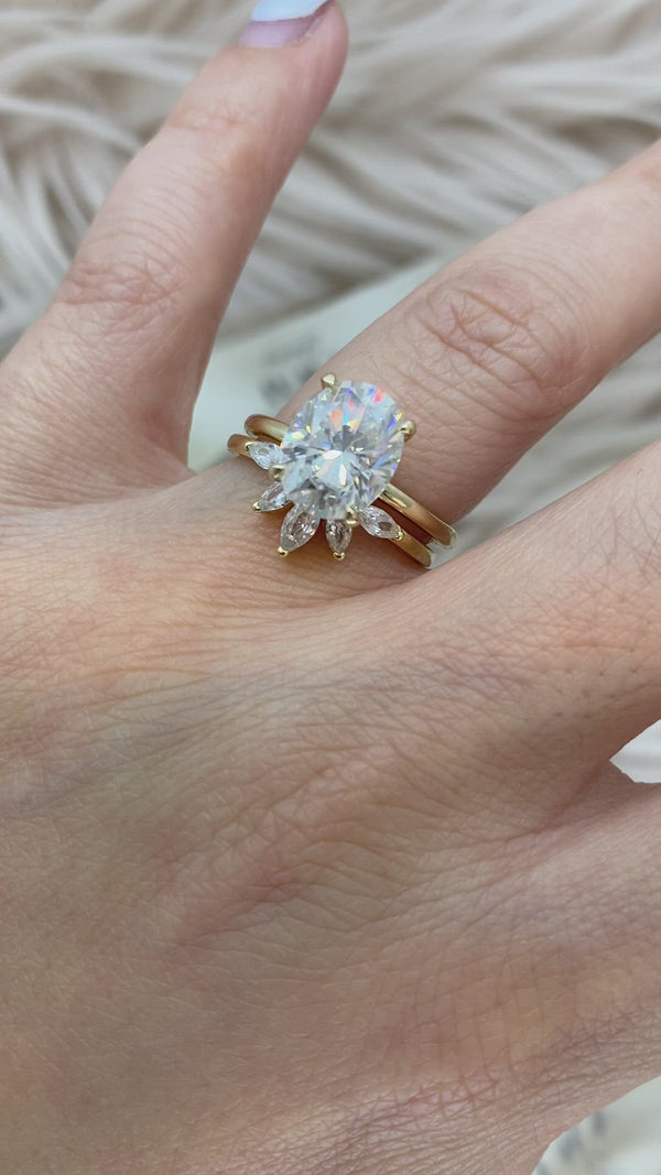 Oval Set: Valorie Oval Hidden Halo on Plain Band Moissanite Engagement Ring with Luna Tiara Guard Moissanite Wedding Band Set