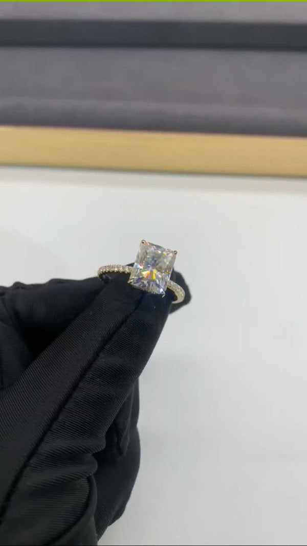 Radiant cut with Hidden Halo on Pave Band Moissanite Engagement Ring
