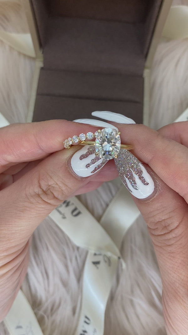 Oval Set: Valorie Oval Hidden Halo on Plain Band Moissanite Engagement Ring with Clara Floating Round Eternity band set