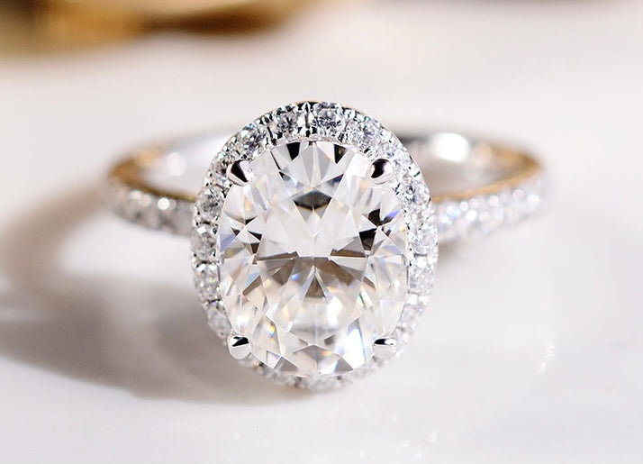 Oval Halo on Pave Band Moissanite Engagement Ring with Accent