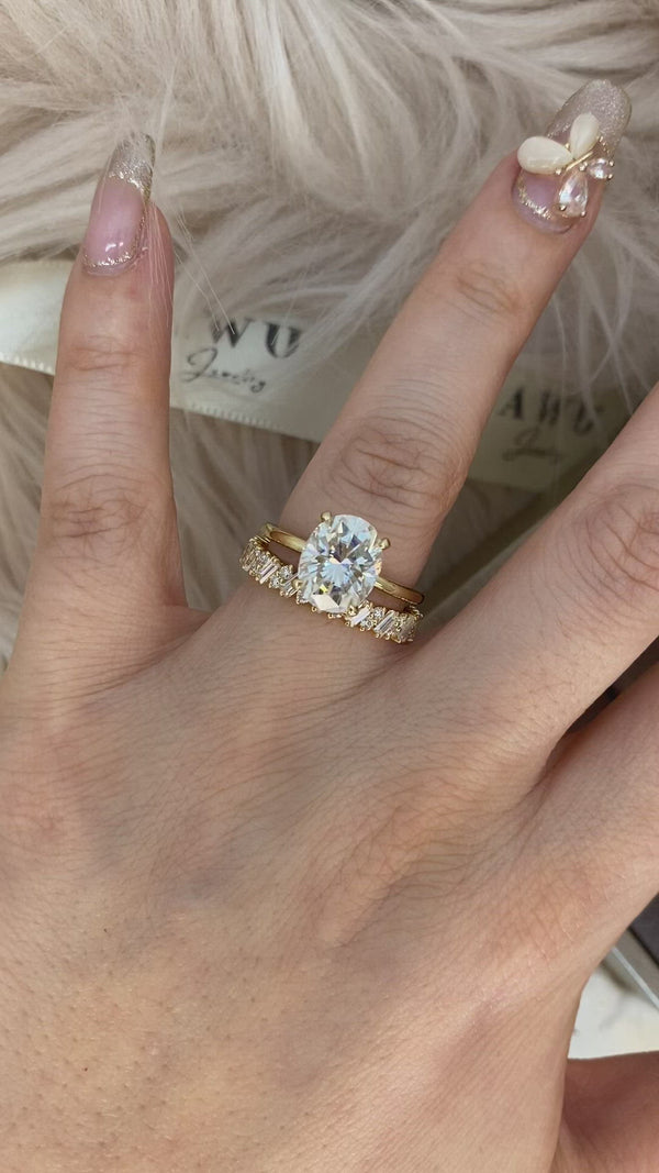 Oval Set: Valorie Oval Hidden Halo on Plain band Moissanite Engagement Ring with Chloe Eternity Wedding Band Set