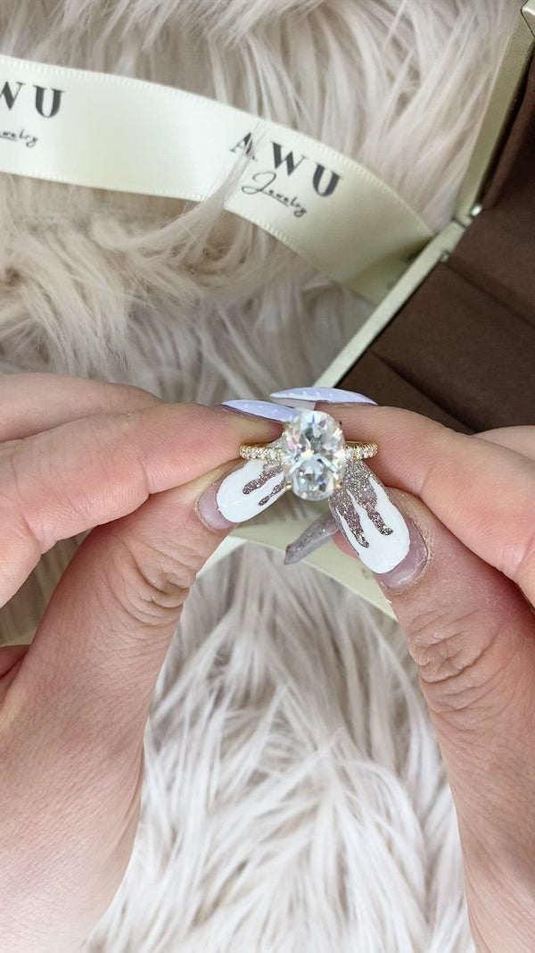 Valley - Oval Hidden Halo on Pave Band Moissanite Engagement Ring